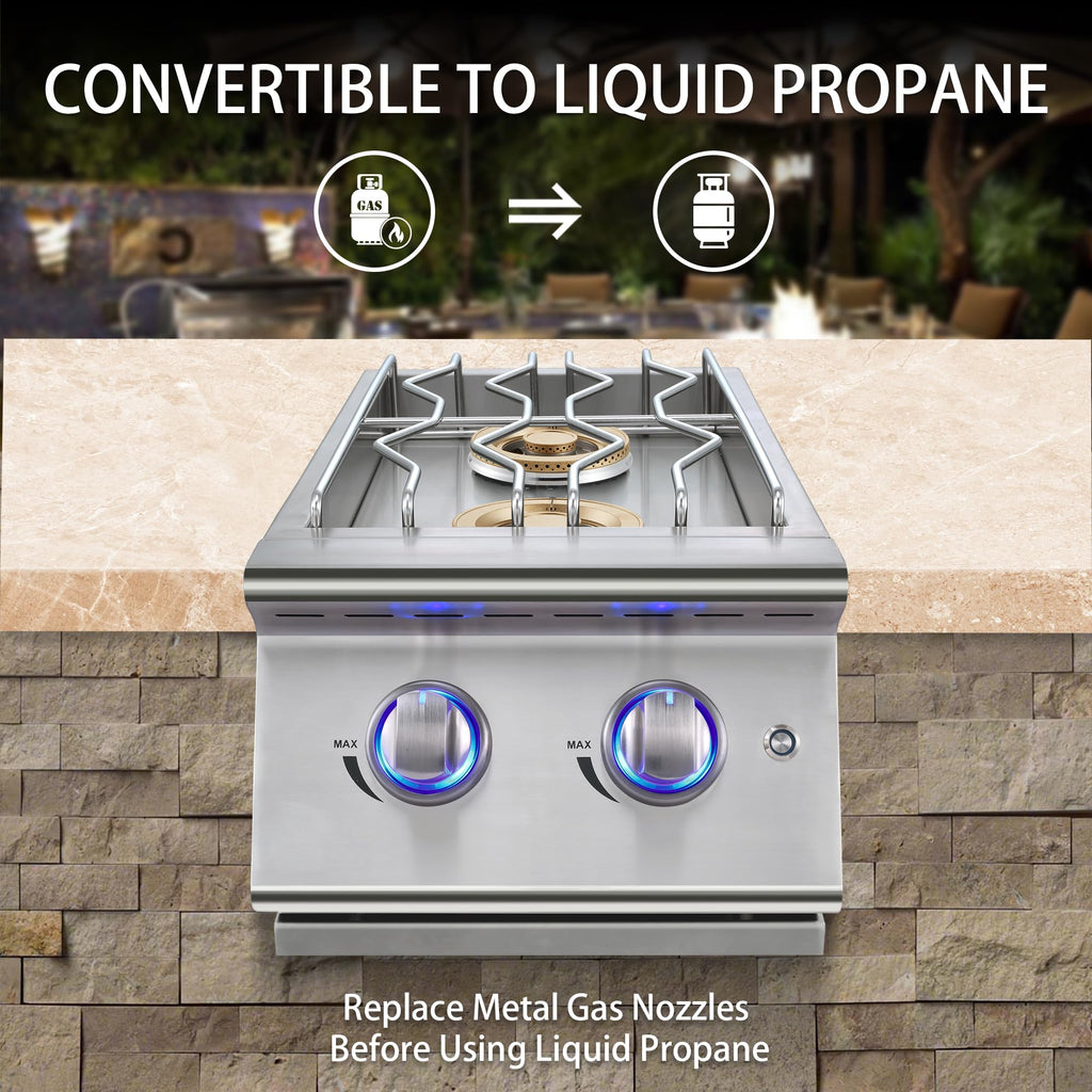 Double Grilling Side Burners, 2 * 17,000BTU, Convertible to Liquid Propane, 304 Stainless Steel S8733