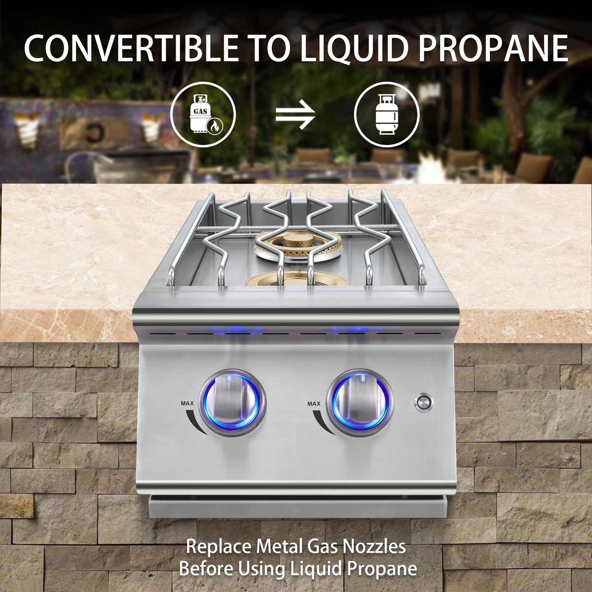 Double Grilling Side Burners, 2 * 17,000BTU, Convertible to Liquid Propane, 304 Stainless Steel S8733