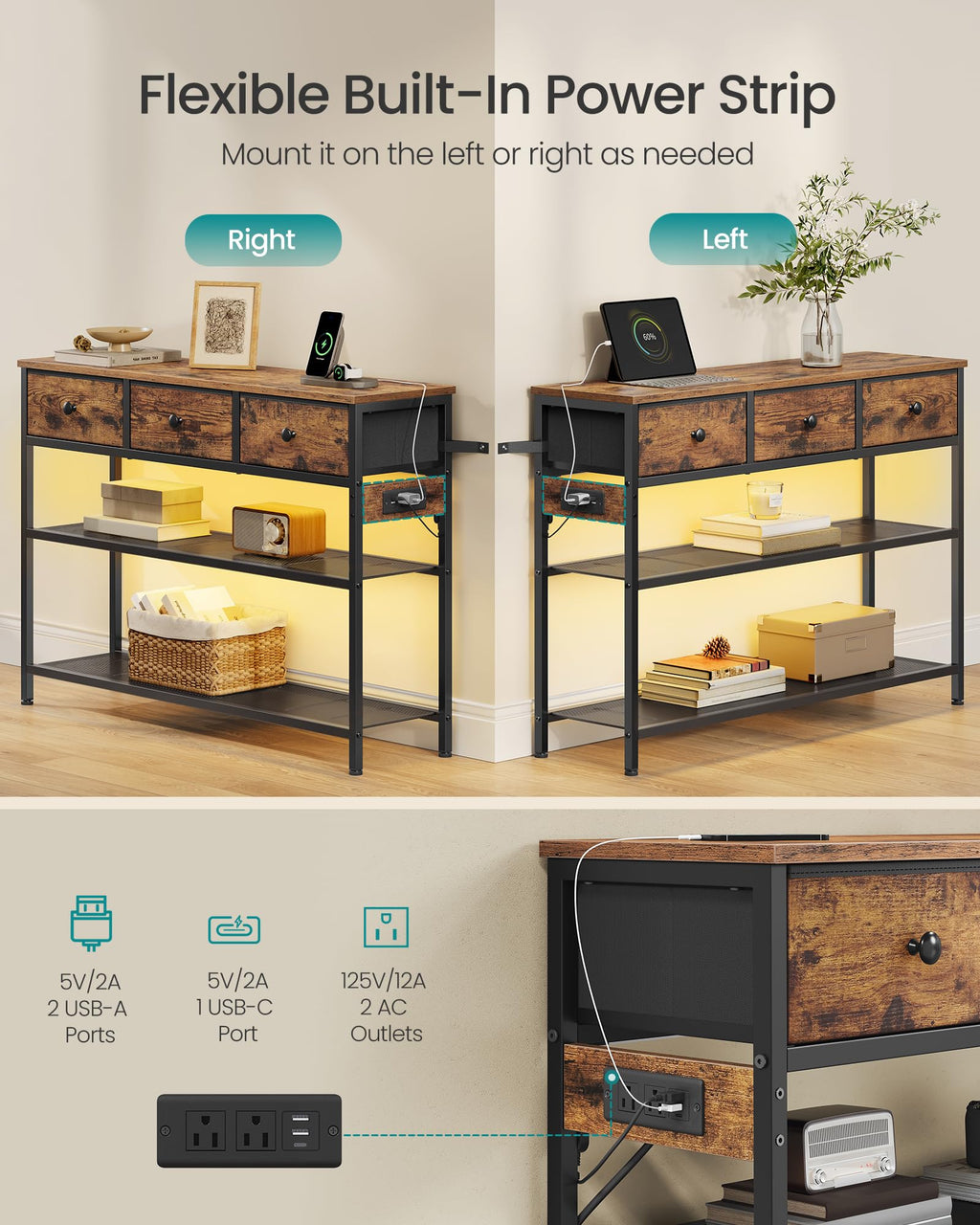 Console Table with Power Outlets and LED Lights C405