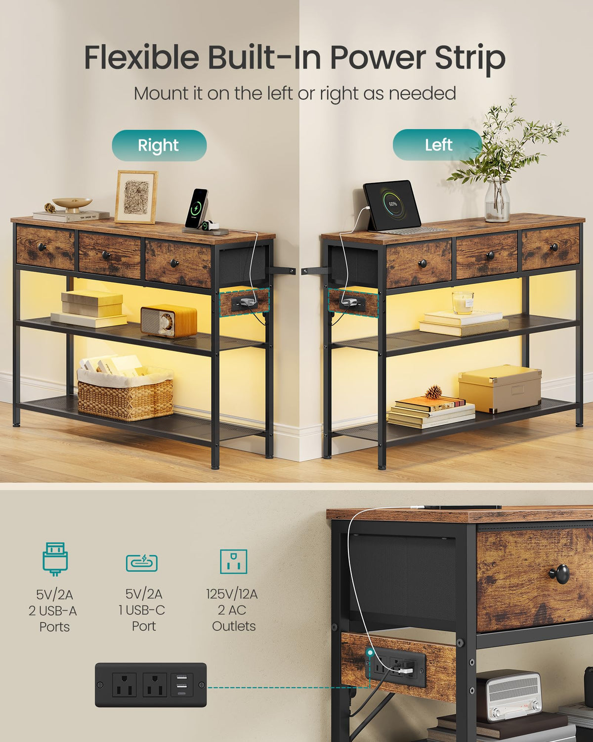 Console Table with Power Outlets and LED Lights C405