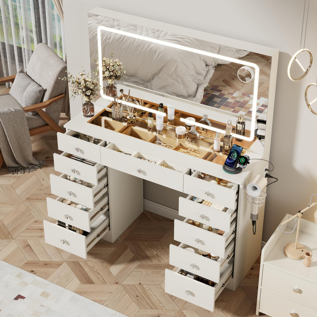 46" White Makeup Vanity Desk with Mirror and Lights P43263