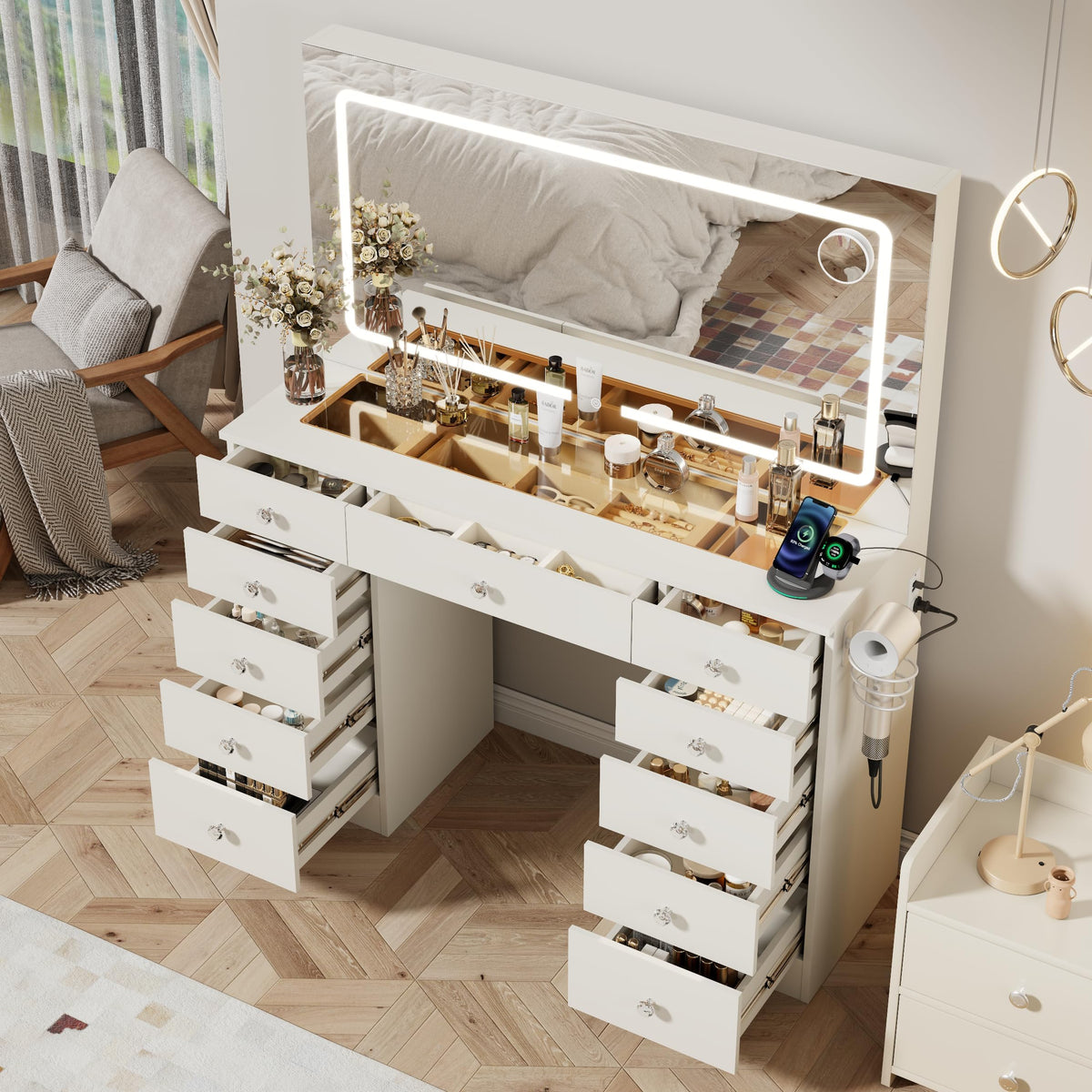 46" White Makeup Vanity Desk with Mirror and Lights P43263