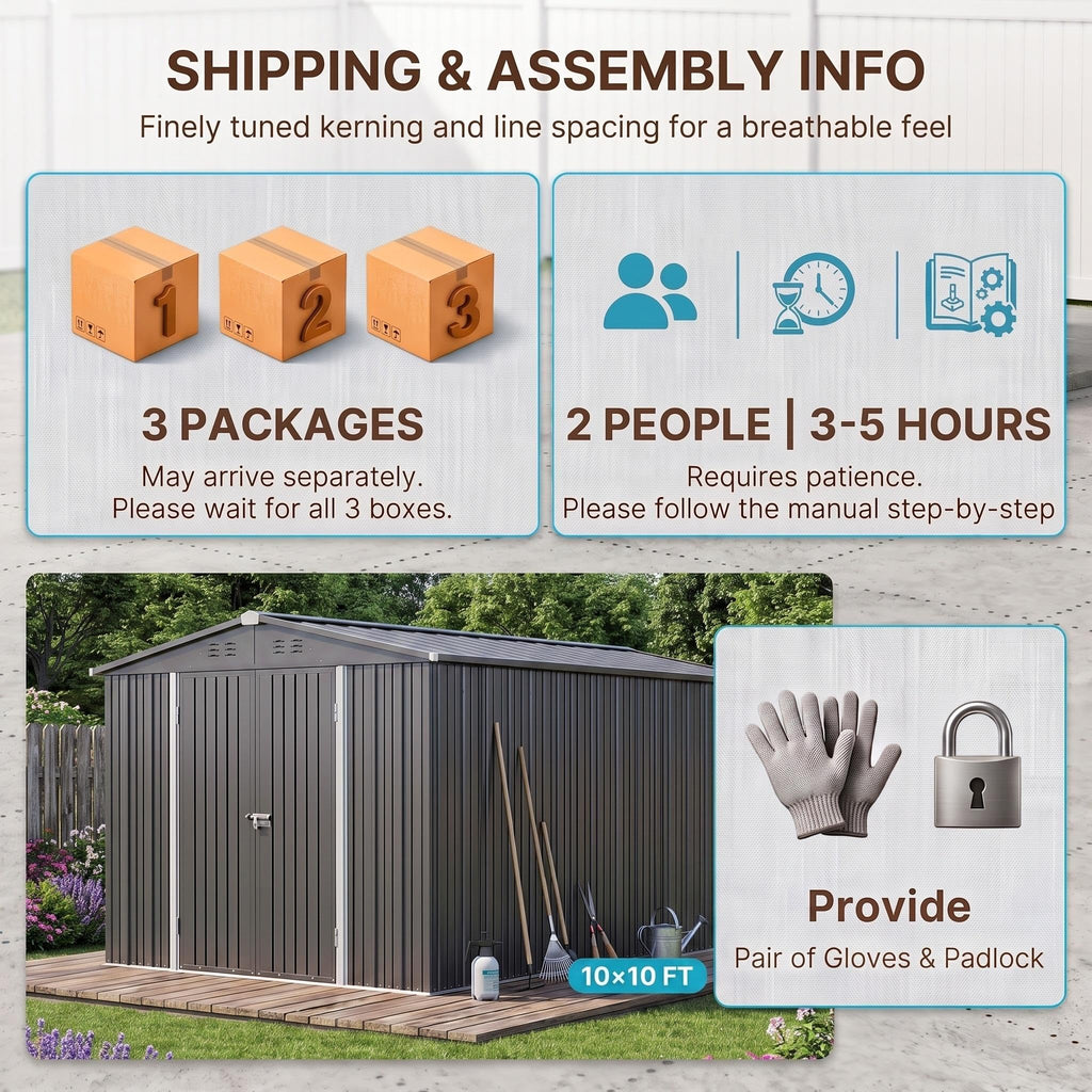 10x10 FT Metal Heavy-Duty Outdoor Storage Shed R98569