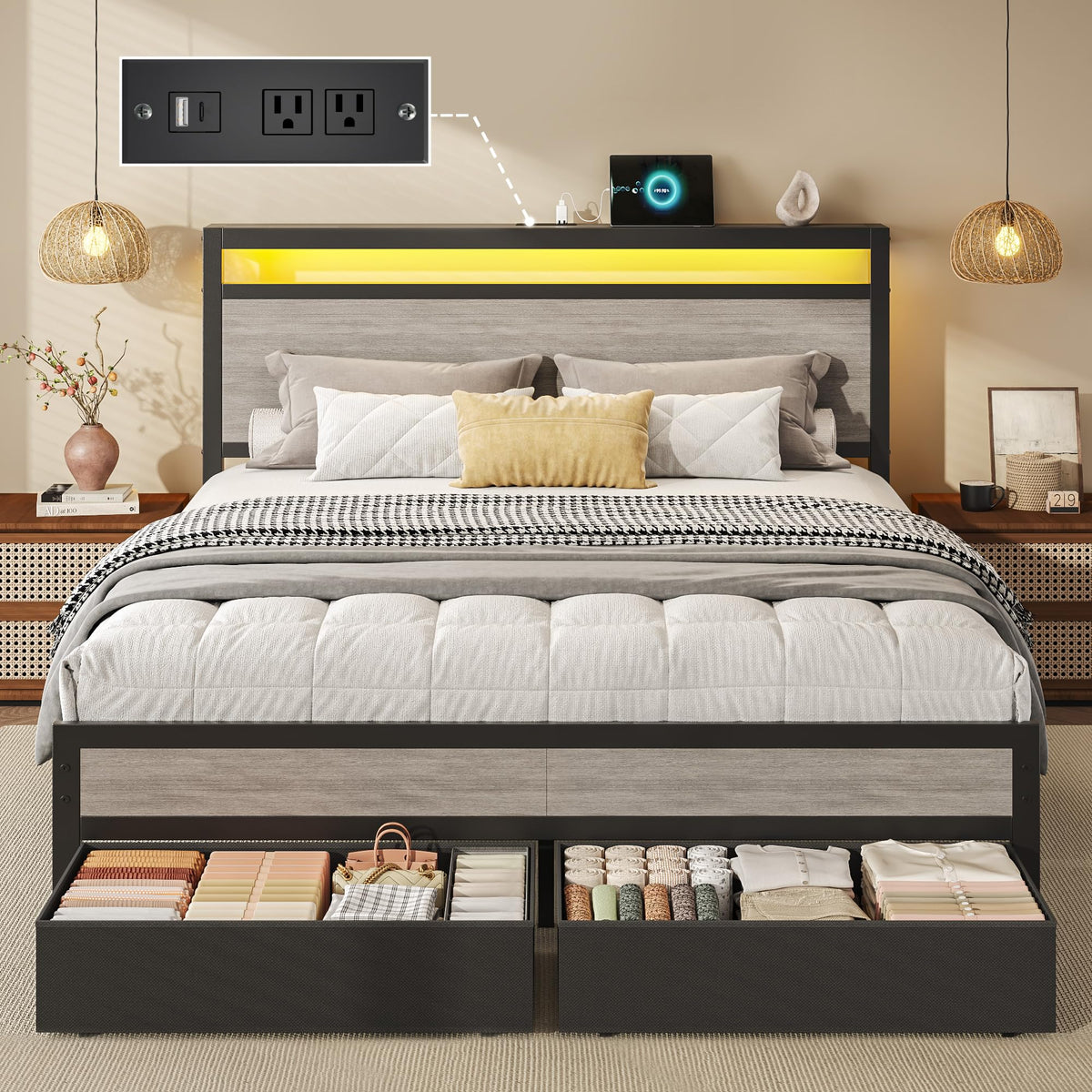 Queen Size Storage Bed Frame with Wood Headboard and LED Lights C514