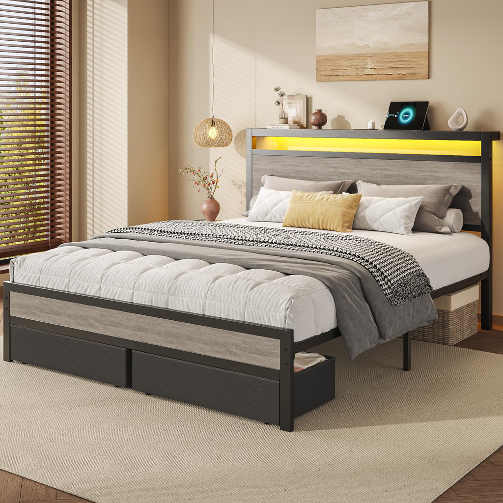 Queen Size Storage Bed Frame with Wood Headboard and LED Lights C514