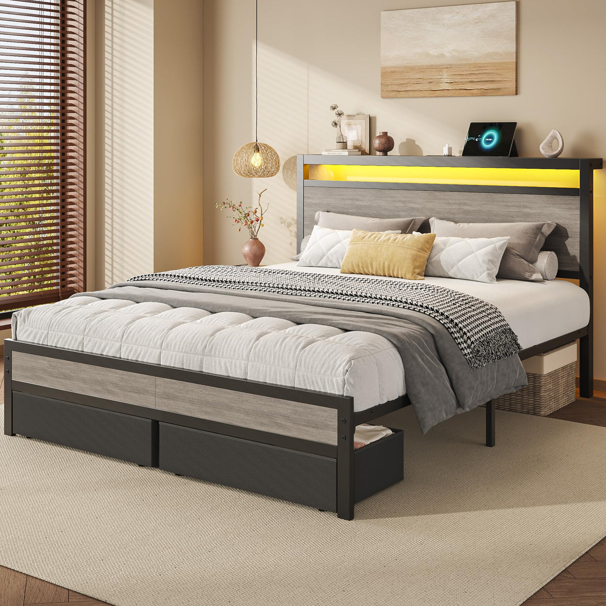 Queen Size Storage Bed Frame with Wood Headboard and LED Lights C514