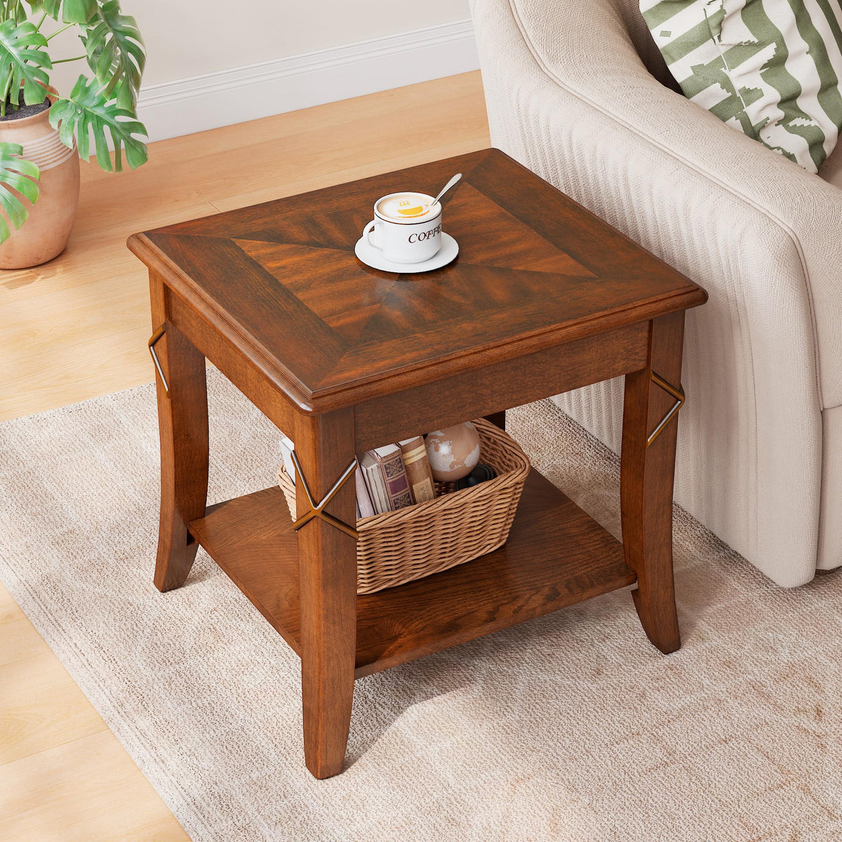 Wooden 2-Tier End Table with Shelf W127