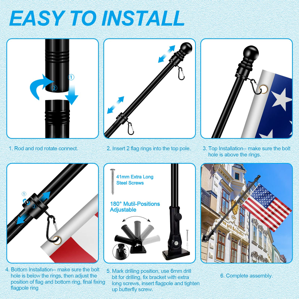 6 FT Black Metal Flagpole Kit and 1" Flag Pole Holder R4951