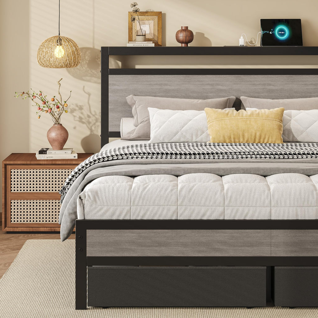 Queen Size Storage Bed Frame with Wood Headboard and LED Lights C514