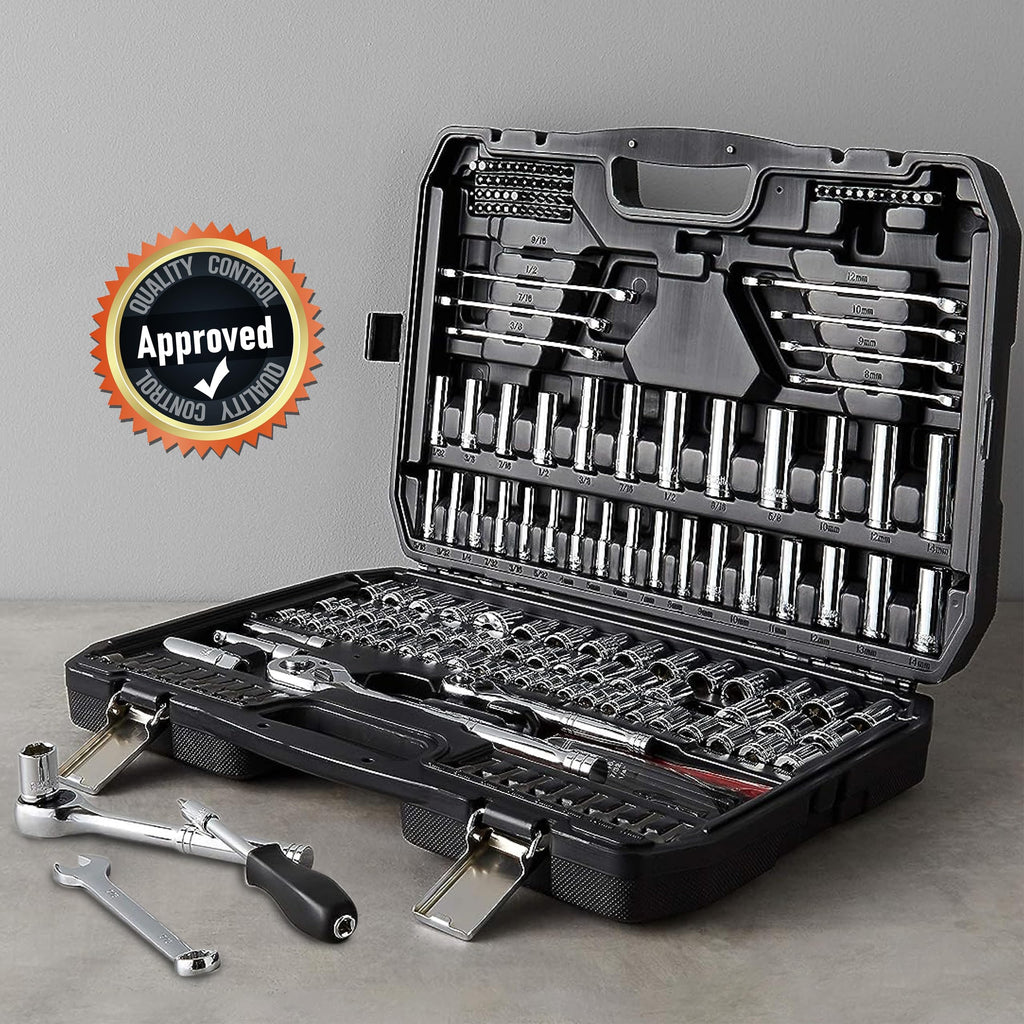 201-Piece Mechanic's Socket Tool Set with Case, SAE and Metric, Chrome-Vanadium Steel B324328
