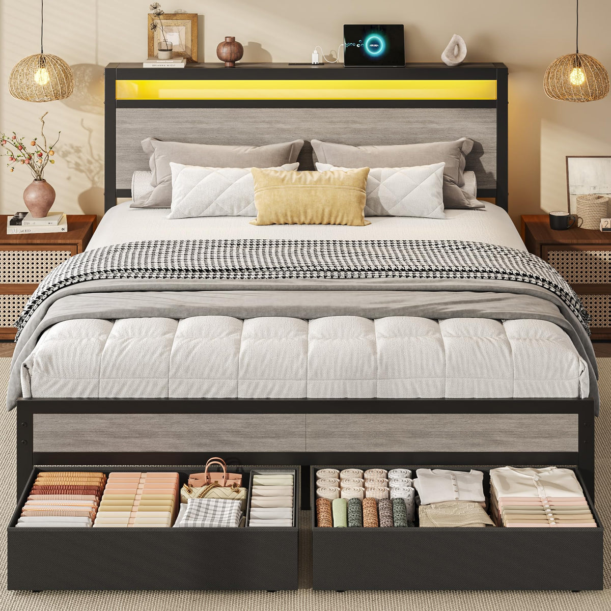 Queen Size Storage Bed Frame with Wood Headboard and LED Lights C514